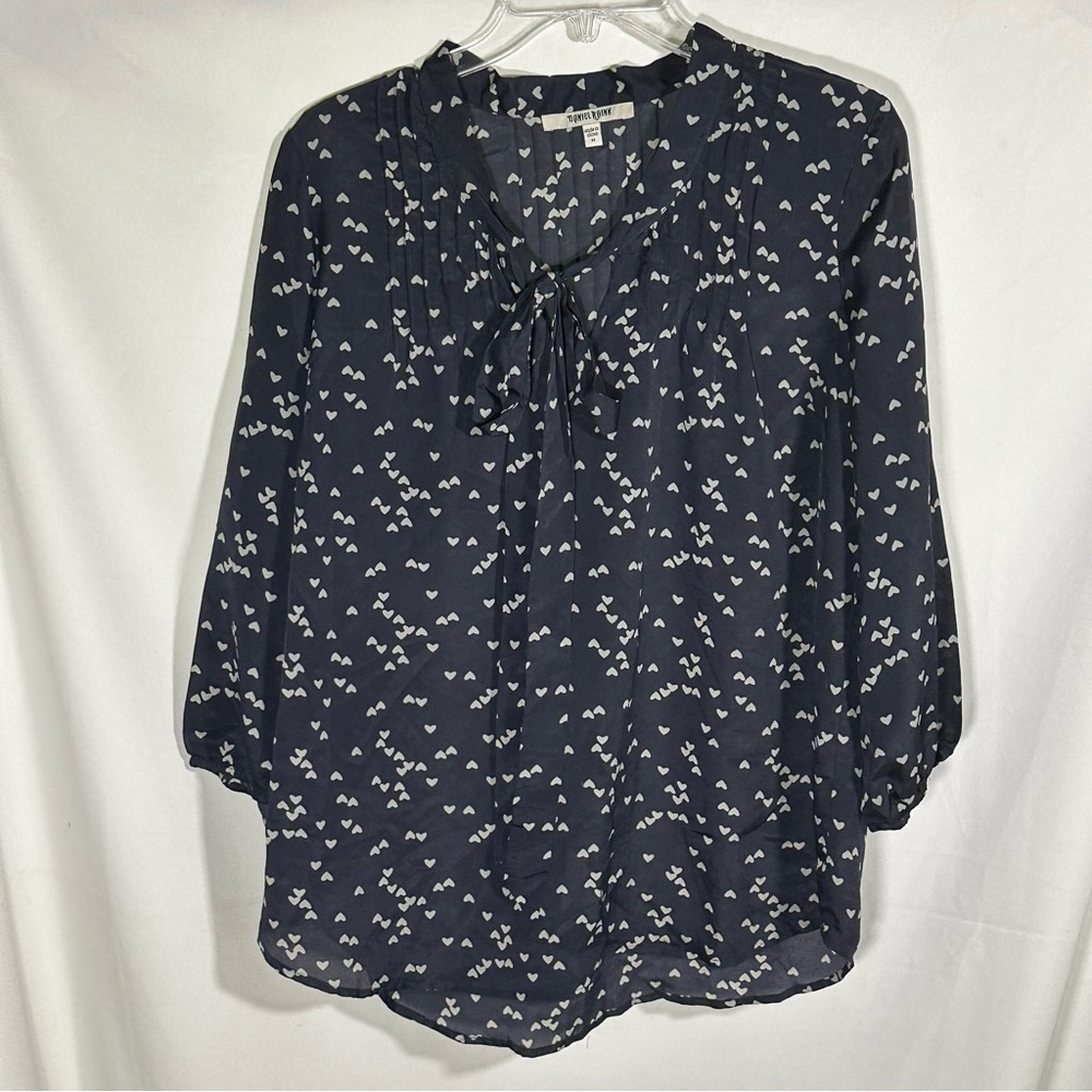 Daniel Rainn Lightweight Bow-Tie Navy & White Hearts Long Sleeve Top Womens M